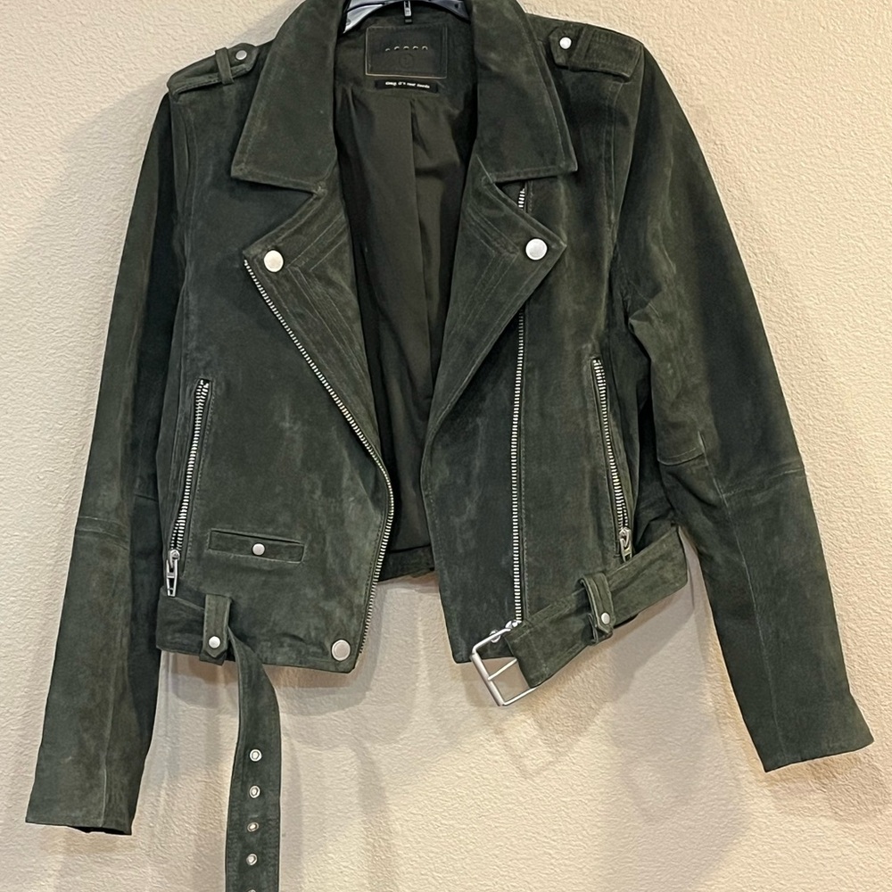 “Blank NYC” dark green suede moto jacket.